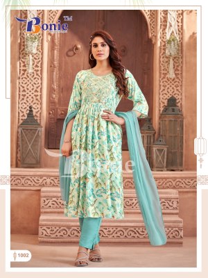 Bonie by Meghana vol 1 rayon mill printed nyra cut kurti pant and dupatta catalogue at low rate readymade suit catalogs
