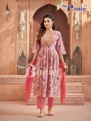 Bonie by Meghana vol 1 rayon mill printed nyra cut kurti pant and dupatta catalogue at low rate readymade suit catalogs