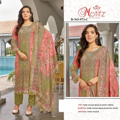 Brand Motifz Design No-973 Pure Viscose Maslin Digital Print Dress Material with Khatli Work Wholesale Ethnic Fabric dress material catalogs
