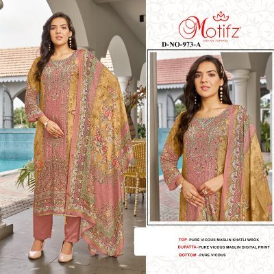 Brand Motifz Design No-973 Pure Viscose Maslin Digital Print Dress Material with Khatli Work Wholesale Ethnic Fabric dress material catalogs