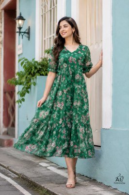 Breeze Heavy Georgette Printed Maxi Dress with Fancy Sleeves western wear catalogs