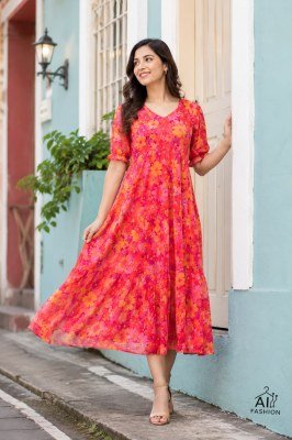Breeze Heavy Georgette Printed Maxi Dress with Fancy Sleeves western wear catalogs