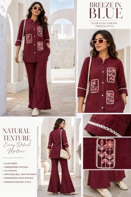 Breeze in Blue Linen Patch Work Co-Ord Set with Bell Bottom Pants co ord set catalogs