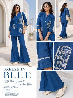 Breeze in Blue Linen Patch Work Co-Ord Set with Bell Bottom Pants co ord set catalogs