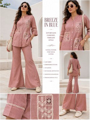 Breeze in Blue Linen Patch Work Co-Ord Set with Bell Bottom Pants co ord set catalogs