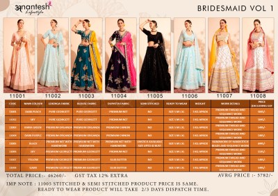 Bridesmaid vol 1 by Anantesh lifestyle new designer embroidered lehenga choli catalogue at affordable rate lehenga choli catalogs