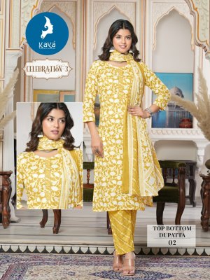 Celebration 3 by Kaya cotton printed fancy kurti pant with dupatta catalogue at low rate readymade suit catalogs