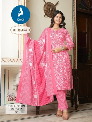 Celebration 3 by Kaya cotton printed fancy kurti pant with dupatta catalogue at low rate readymade suit catalogs