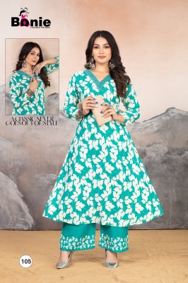 Chahek vol 2 by Bonie Embroidered Flair Printed kurta with pant at amavi expo kurtis catalogs