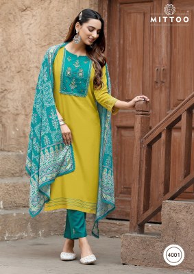 Chand by Mittoo Reyon Thread Work Cotton Kurti pant with dupatta catalogue at low rate readymade suit catalogs