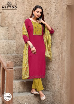 Chand by Mittoo Reyon Thread Work Cotton Kurti pant with dupatta catalogue at low rate readymade suit catalogs