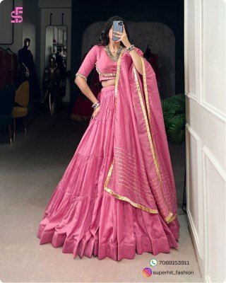 Chanderi Silk Pink Lehenga Set 1609Pink Stitched, 12 Meter Flair, Cowrie Lace Blouse, Embossed Lace Dupatta Wholesale  Amavi