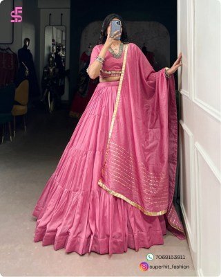 Chanderi Silk Pink Lehenga Set 1609Pink Stitched, 12 Meter Flair, Cowrie Lace Blouse, Embossed Lace Dupatta Wholesale  lehenga choli