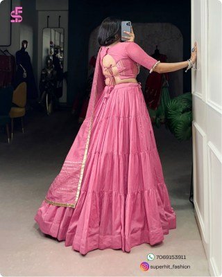 Chanderi Silk Pink Lehenga Set 1609Pink Stitched, 12 Meter Flair, Cowrie Lace Blouse, Embossed Lace Dupatta Wholesale  lehenga choli