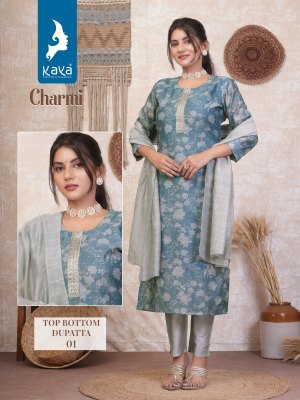 Charmi by Kaya Heavy chanderi printed straight kurti pant and dupatta catalogue at low rate  readymade suit catalogs