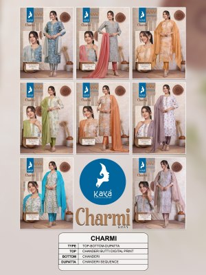 Charmi by Kaya Heavy chanderi printed straight kurti pant and dupatta catalogue at low rate  readymade suit catalogs