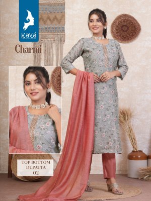 Charmi by Kaya Heavy chanderi printed straight kurti pant and dupatta catalogue at low rate  readymade suit catalogs