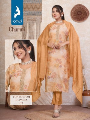 Charmi by Kaya Heavy chanderi printed straight kurti pant and dupatta catalogue at low rate  readymade suit catalogs