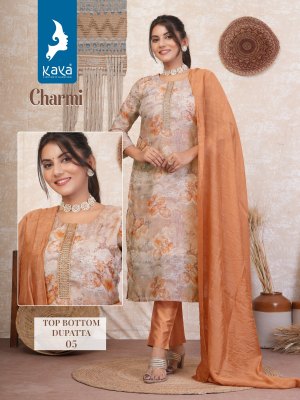 Charmi by Kaya Heavy chanderi printed straight kurti pant and dupatta catalogue at low rate  readymade suit catalogs