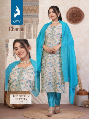 Charmi by Kaya Heavy chanderi printed straight kurti pant and dupatta catalogue at low rate  readymade suit catalogs