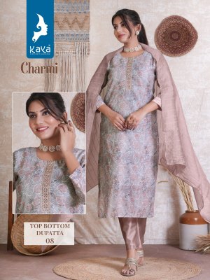 Charmi by Kaya Heavy chanderi printed straight kurti pant and dupatta catalogue at low rate  readymade suit catalogs