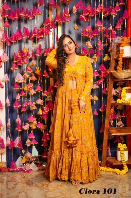 Clora vol 1 Koti Style Indo Western Suit of printed crop top  Sharara and parallels paired with a beautiful printed shrug set collection Amavi