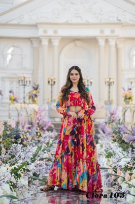 Clora vol 1 Koti Style Indo Western Suit of printed crop top  Sharara and parallels paired with a beautiful printed shrug set collection Amavi