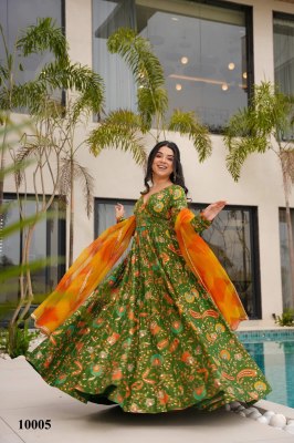 Clora vol 10 stunning Beautiful digital printed Ethnic wear Fully flared gown set collection Parrot Green  Colour Wholesale  Single
