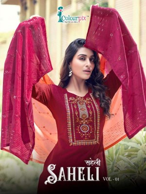 Colour Pix Saheli Heavy Viscose Fabrics Top Pant Dupatta set wholesale catalogue  Amavi