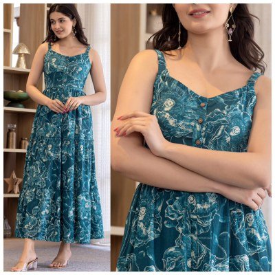 Coral Cotton Sleeveless Ruffle Maxi Dress Kurti 3 Tier Flare Adjustable Straps  Wholesale Ethnic kurtis catalogs