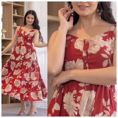 Coral Cotton Sleeveless Ruffle Maxi Dress Kurti 3 Tier Flare Adjustable Straps  Wholesale Ethnic kurtis catalogs