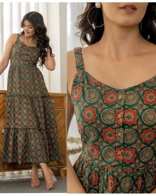 Coral Cotton Sleeveless Ruffle Maxi Dress Kurti 3 Tier Flare Adjustable Straps  Wholesale Ethnic kurtis catalogs