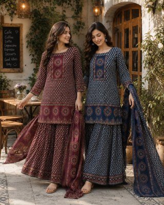 Cotton 60/60 3-Piece Palazzo Suit Set With Dupatta for Women 