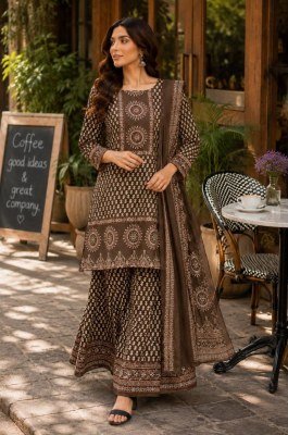 Cotton 60/60 3-Piece Palazzo Suit Set With Dupatta for Women Size wise Combo Set