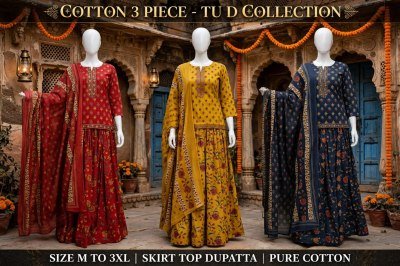 Cotton 60/60 3-Piece Skirt Top Dupatta Set for Women Size wise Combo Set