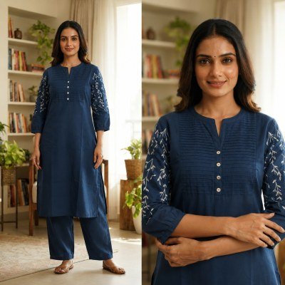 Cotton Flex 2-Piece Co-Ord Set with Printex Embroidery Work & Pocket Size wise Combo Set