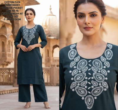 Cotton Flex 2 Piece Kurti Pant Set with Embroidery Work 
