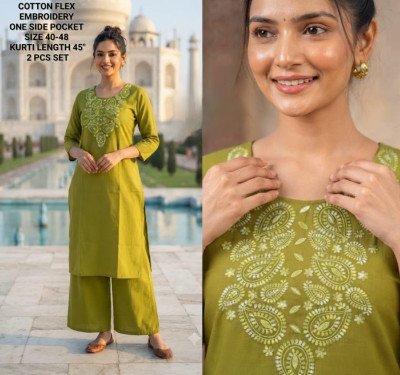 Cotton Flex 2 Piece Kurti Pant Set with Embroidery Work kurtis catalogs