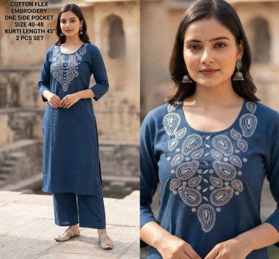 Cotton Flex 2 Piece Kurti Pant Set with Embroidery Work kurtis catalogs