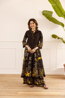 Cotton Natural Flex Co-ord Set Placement Print Center Kali Neck Work 