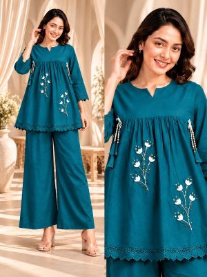 Cotton Taj Flared Top Palazzo Co-Ord Set with Floral Embroidery and Mirror Work wholesale catalogs