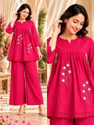 Cotton Taj Flared Top Palazzo Co-Ord Set with Floral Embroidery and Mirror Work Size wise Combo Set