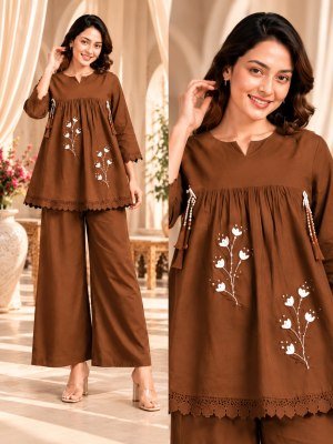 Cotton Taj Flared Top Palazzo Co-Ord Set with Floral Embroidery and Mirror Work Size wise Combo Set