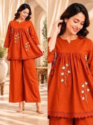 Cotton Taj Flared Top Palazzo Co-Ord Set with Floral Embroidery and Mirror Work Size wise Combo Set