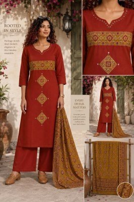 Crafted with Heritage Daboo Cotton 3-Piece Kurti Pant with Cotton Dupatta Size wise Combo Set