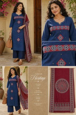 Crafted with Heritage Daboo Cotton 3-Piece Kurti Pant with Cotton Dupatta Size wise Combo Set