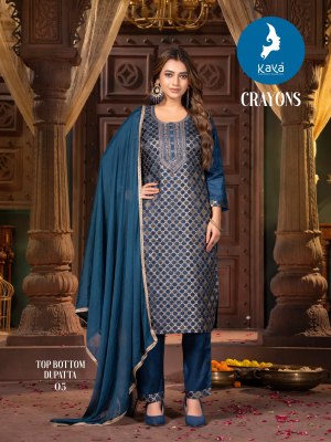 Crayons by Kaya Russian silk Super quality fancy kurti pant and dupatta at low price readymade suit catalogs