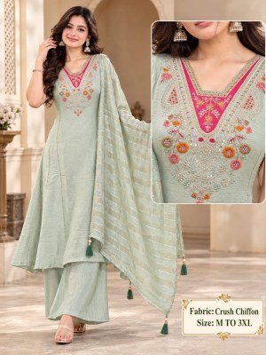 Crush Chiffon 3-Piece Plaza Pair Set for Women Size wise Combo Set