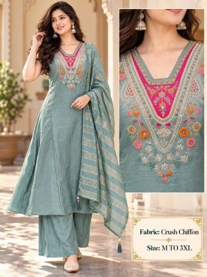 Crush Chiffon 3-Piece Plaza Pair Set for Women Size wise Combo Set