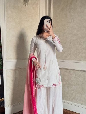 D.N. 049 Pure Natural Crepe Silk Designer Party Wear Kurti Palazzo with Shaded Dupatta wholesale catalogs